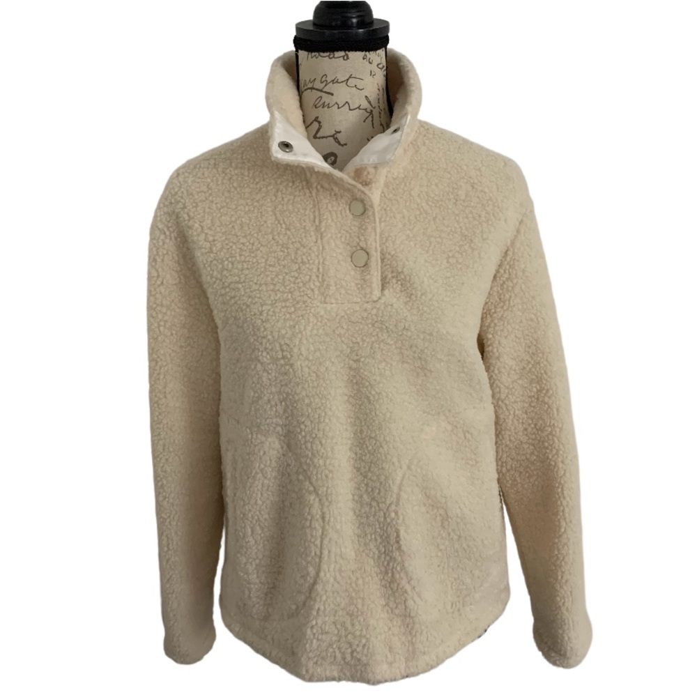 Faux Sherpa High Neck 1/4 Snap Placket Side Pockets Pullover Top Ivory XS